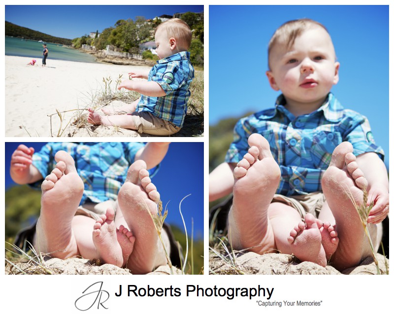 Little boy playing in sand dunes with bear feet - sydney family portrait photographer